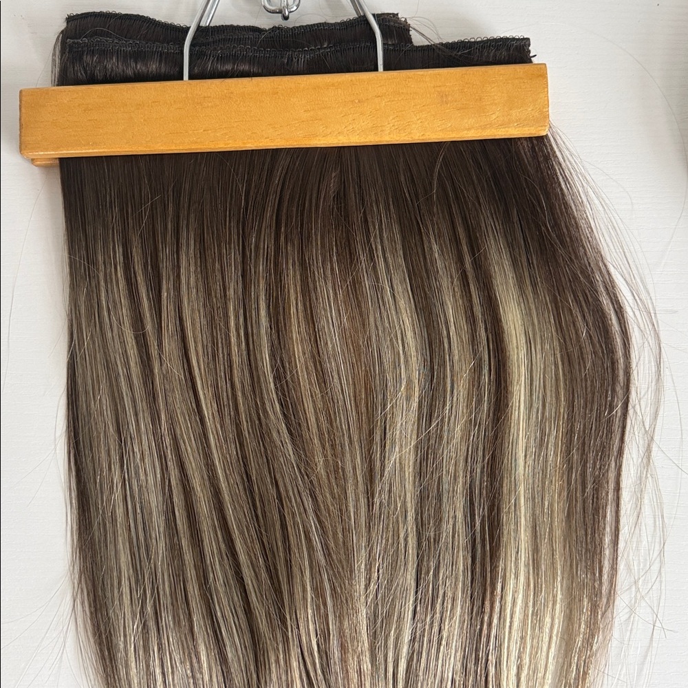 16” Clip-In Hair Extensions Brown Blonde Highlights 100% Human Hair 7 pcs - Picture 5 of 8
